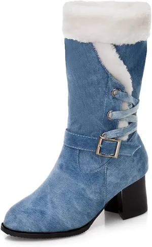 VOKLIN Women's Round Toe Denim Mid Calf Dressy Boots Buckle Fur Lace Up Chunky Block Mid Heels Snow Boots
