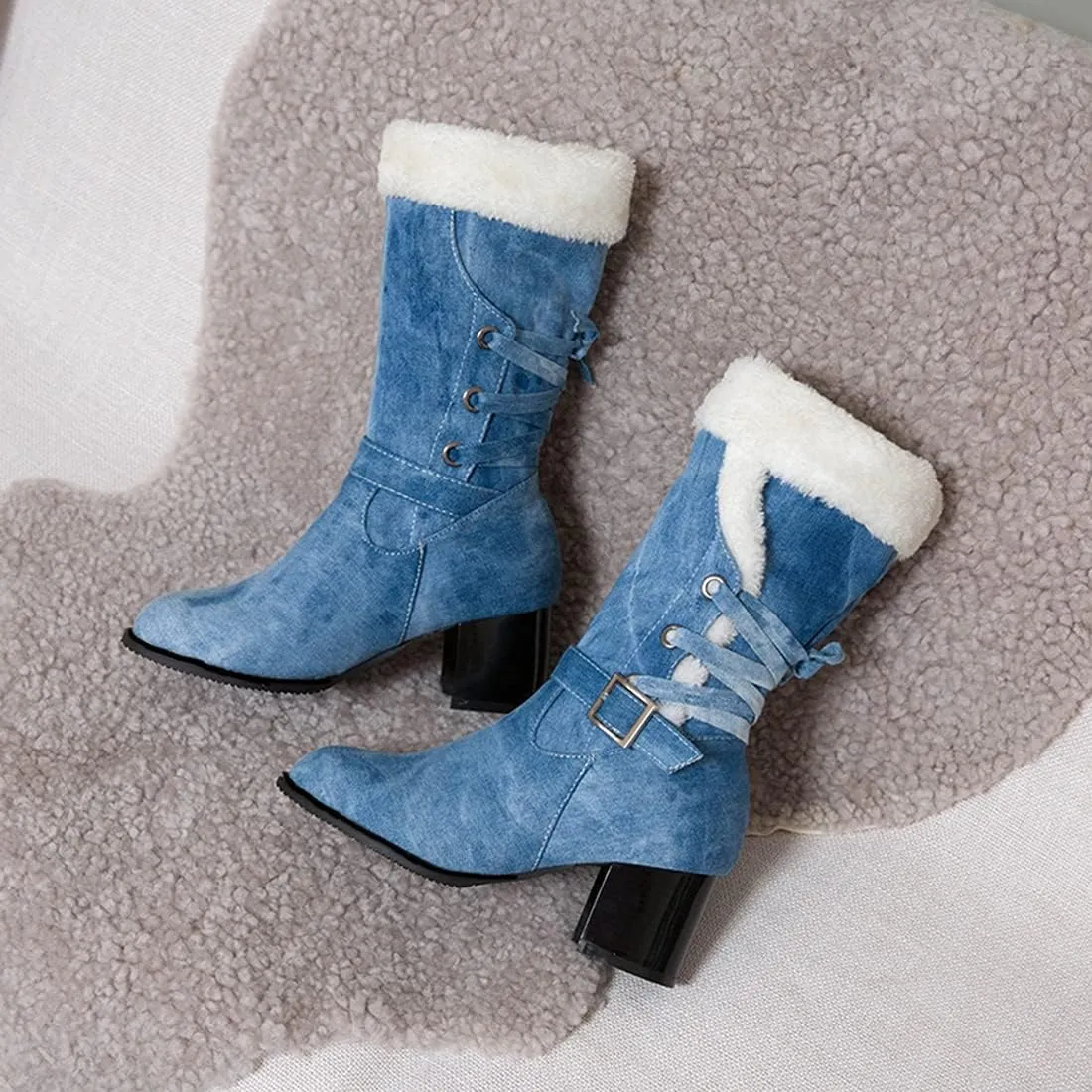 VOKLIN Women's Round Toe Denim Mid Calf Dressy Boots Buckle Fur Lace Up Chunky Block Mid Heels Snow Boots