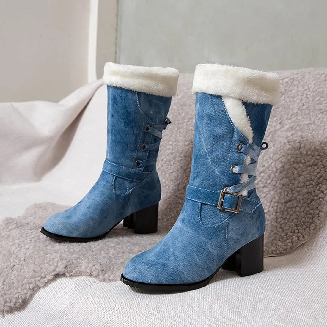 VOKLIN Women's Round Toe Denim Mid Calf Dressy Boots Buckle Fur Lace Up Chunky Block Mid Heels Snow Boots
