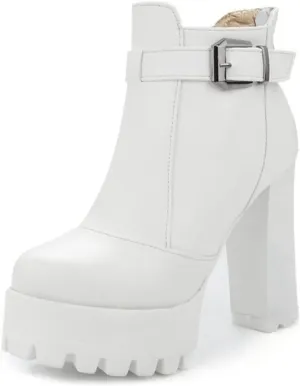 VOKLIN Women's Round Toe Platform Dressy Ankle Boots Buckle Zipper Chunky Block High Heel Dress Short Booties