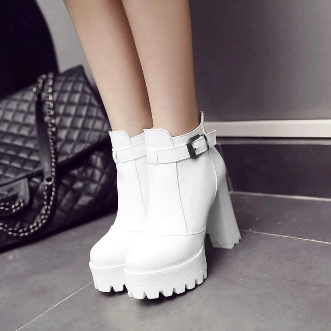 VOKLIN Women's Round Toe Platform Dressy Ankle Boots Buckle Zipper Chunky Block High Heel Dress Short Booties