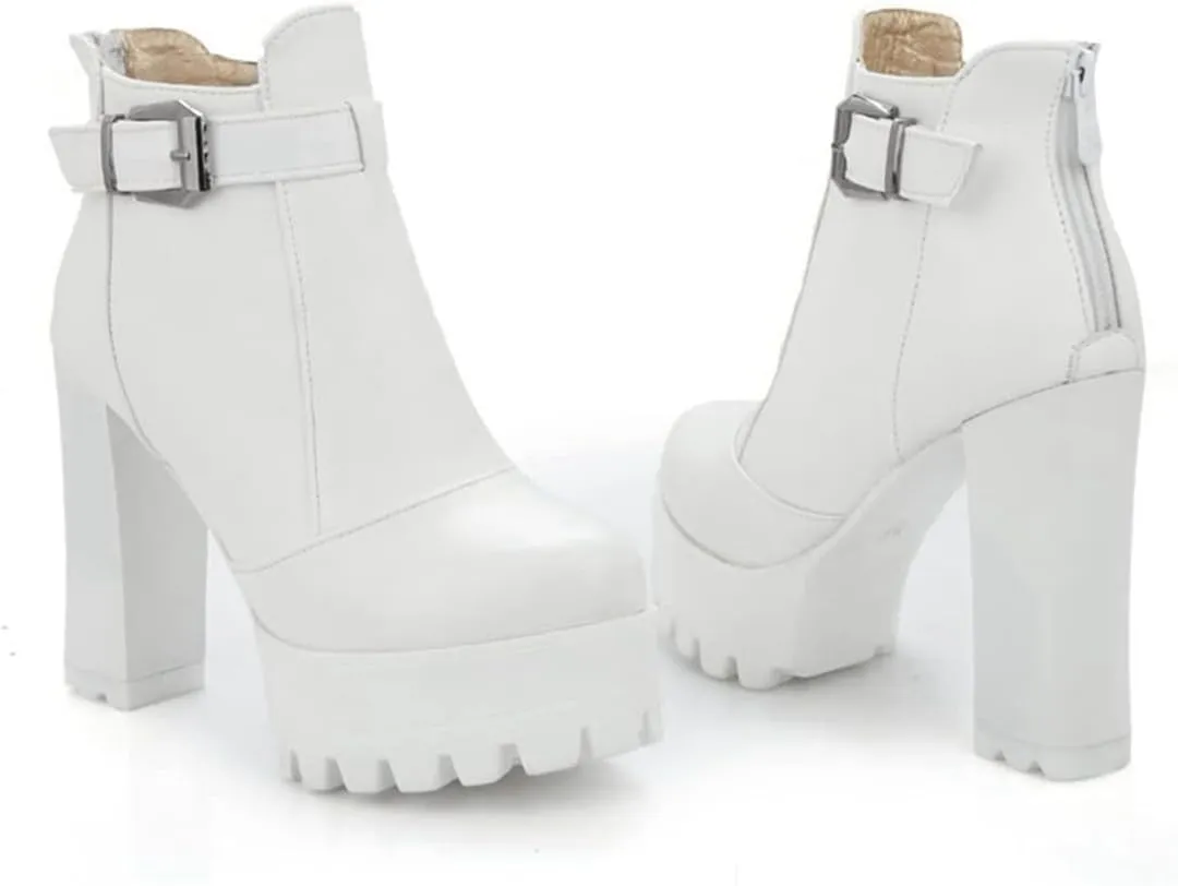 VOKLIN Women's Round Toe Platform Dressy Ankle Boots Buckle Zipper Chunky Block High Heel Dress Short Booties