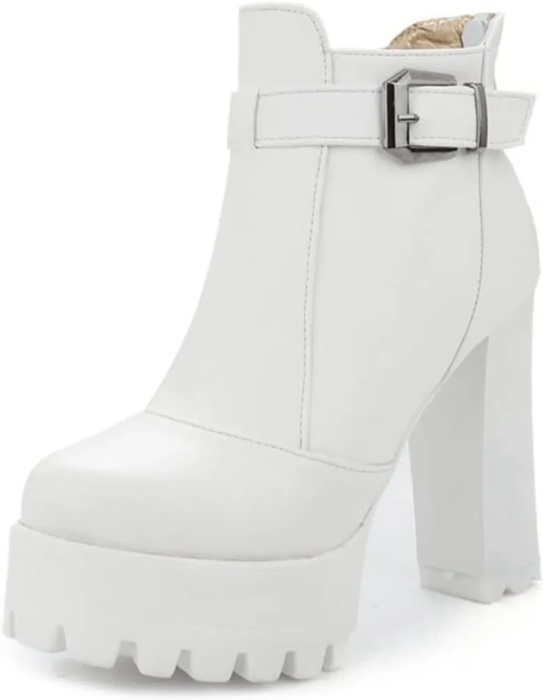 VOKLIN Women's Round Toe Platform Dressy Ankle Boots Buckle Zipper Chunky Block High Heel Dress Short Booties