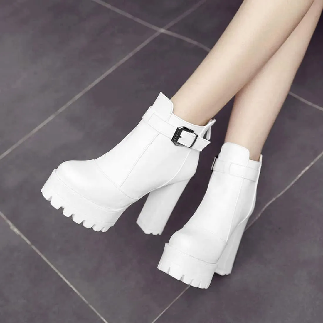 VOKLIN Women's Round Toe Platform Dressy Ankle Boots Buckle Zipper Chunky Block High Heel Dress Short Booties