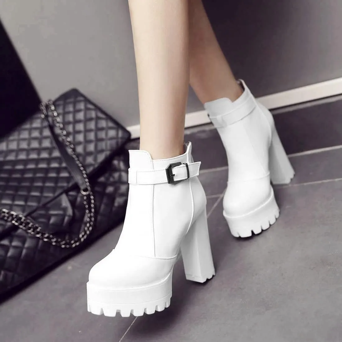 VOKLIN Women's Round Toe Platform Dressy Ankle Boots Buckle Zipper Chunky Block High Heel Dress Short Booties
