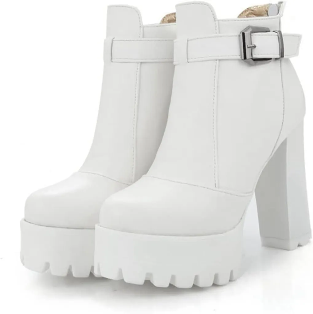 VOKLIN Women's Round Toe Platform Dressy Ankle Boots Buckle Zipper Chunky Block High Heel Dress Short Booties