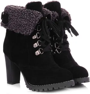 VOKLIN Women's Winter Fur Cuff Ankle Boots Lace Up Round Toe Chunky Block High Heel Warm Dressy Short Booties