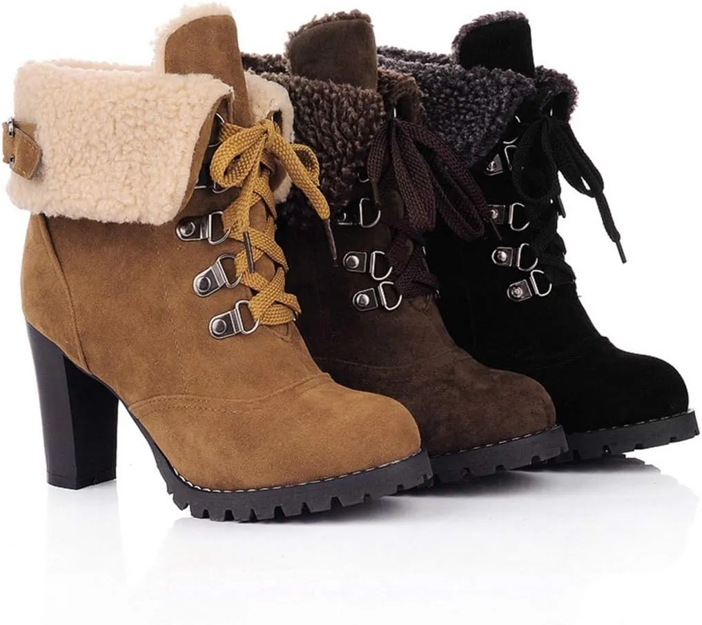 VOKLIN Women's Winter Fur Cuff Ankle Boots Lace Up Round Toe Chunky Block High Heel Warm Dressy Short Booties