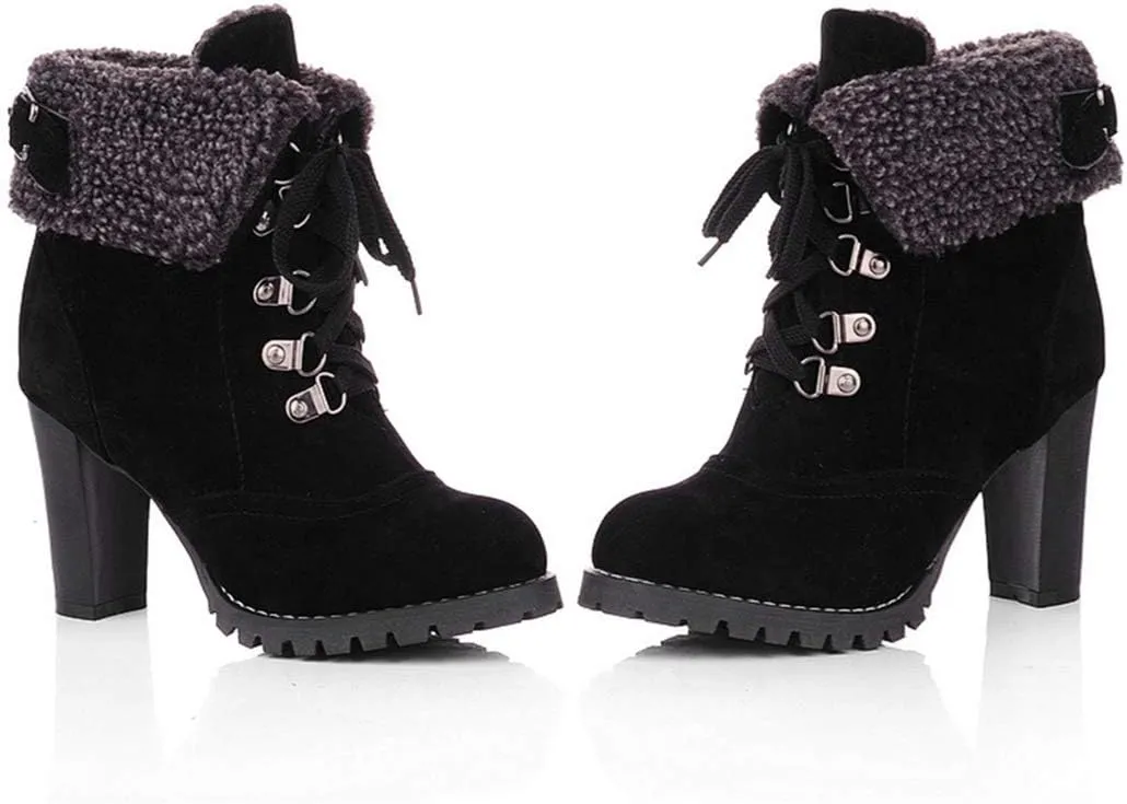 VOKLIN Women's Winter Fur Cuff Ankle Boots Lace Up Round Toe Chunky Block High Heel Warm Dressy Short Booties