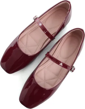 WENJIAZHIZHI Women's Square Toe Mary Jane Ballet Flat Shoes Comfortable Patent Leather Dressy Casual Slip-On Ballerina Walking Flats Burgundy Size 9.5