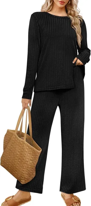 WIHOLL Womens Two Piece Outfits Lounge Sets Cozy Sweater Loungewear with Pockets
