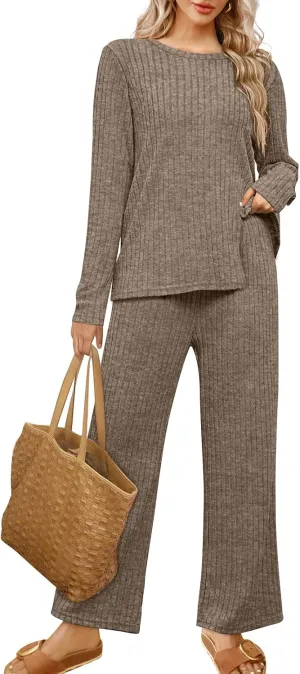 WIHOLL Womens Two Piece Outfits Lounge Sets Cozy Sweater Loungewear with Pockets