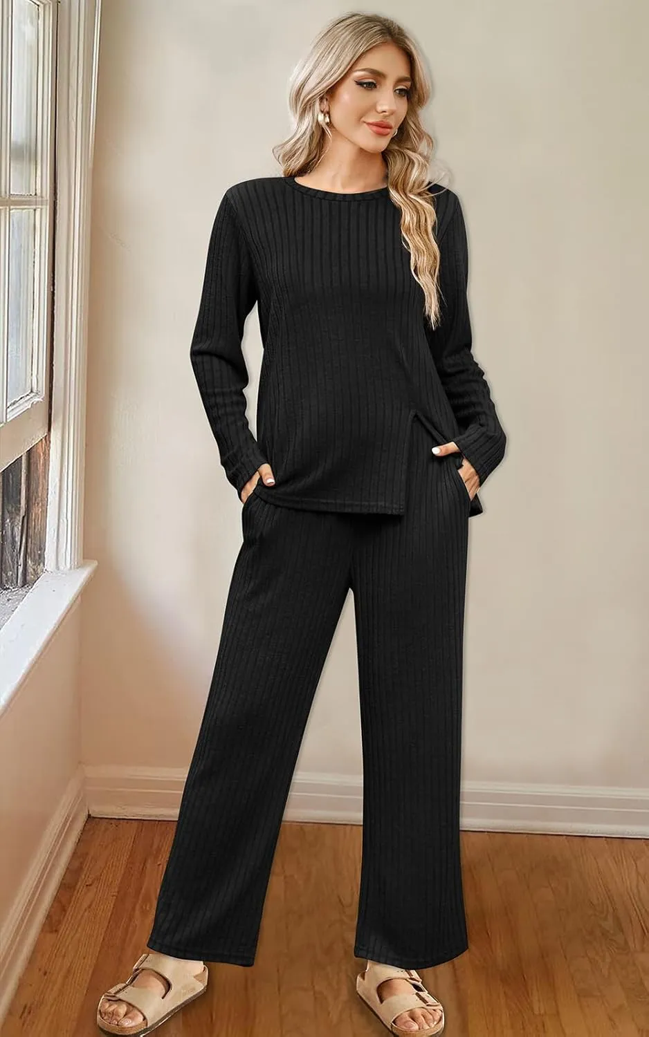 WIHOLL Womens Two Piece Outfits Lounge Sets Cozy Sweater Loungewear with Pockets
