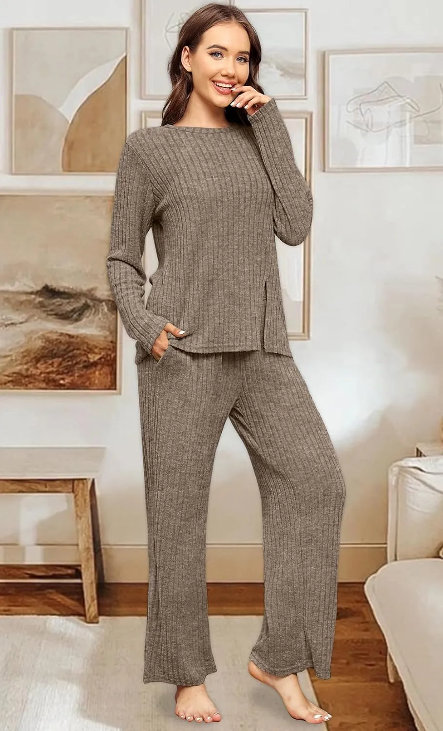 WIHOLL Womens Two Piece Outfits Lounge Sets Cozy Sweater Loungewear with Pockets