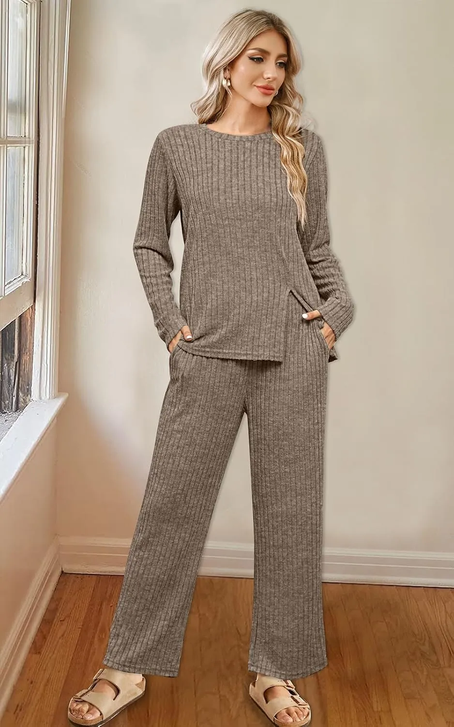 WIHOLL Womens Two Piece Outfits Lounge Sets Cozy Sweater Loungewear with Pockets