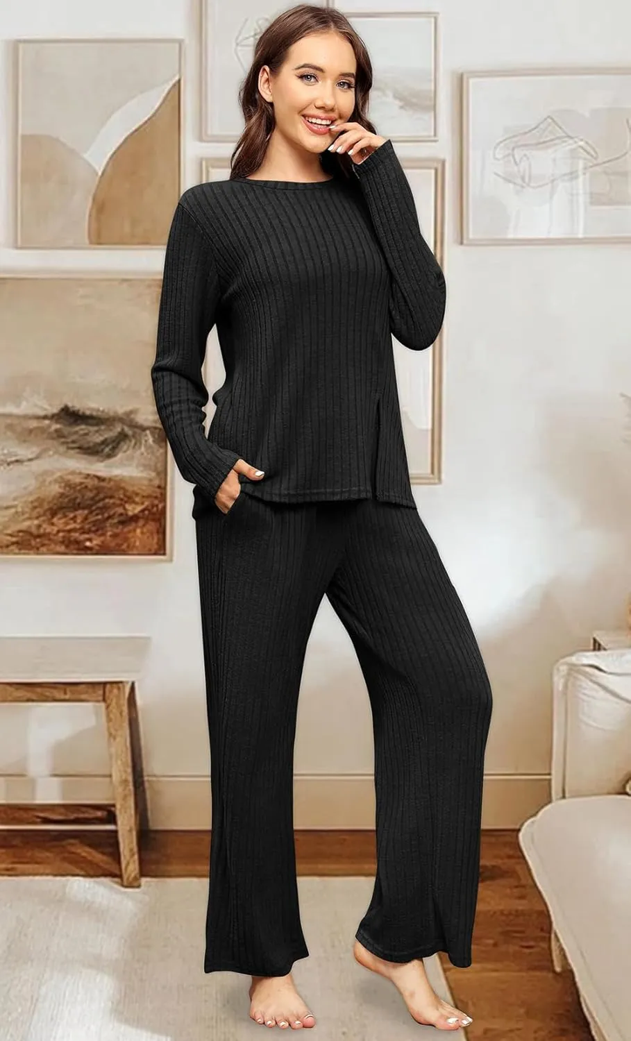 WIHOLL Womens Two Piece Outfits Lounge Sets Cozy Sweater Loungewear with Pockets