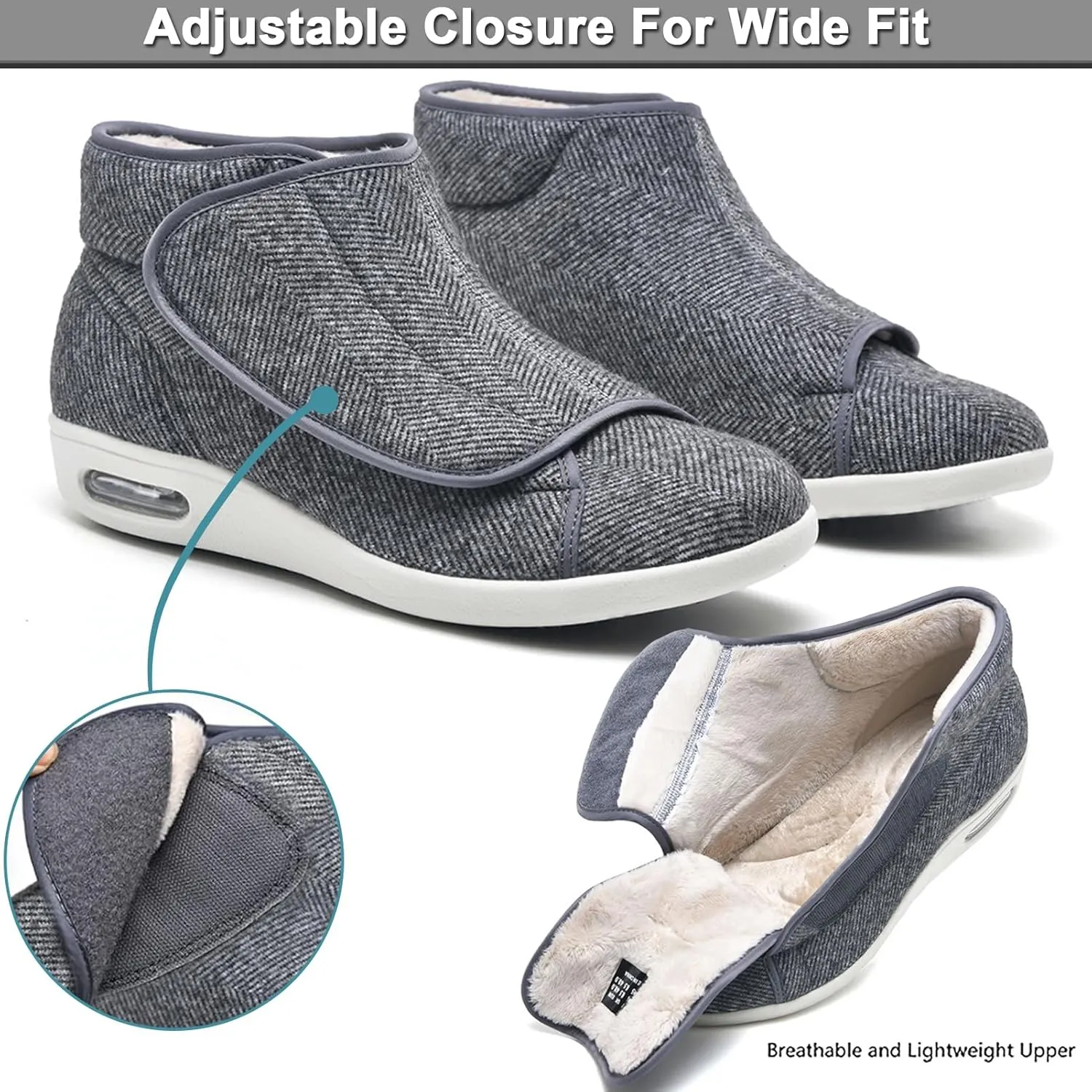 Winter Men Women Diabetic Shoes Wide Width Warm Boots Lightweight Swollen Feet Shoes Adjustable Closure Wool Lining Walking Shoes Slipper for Elderly