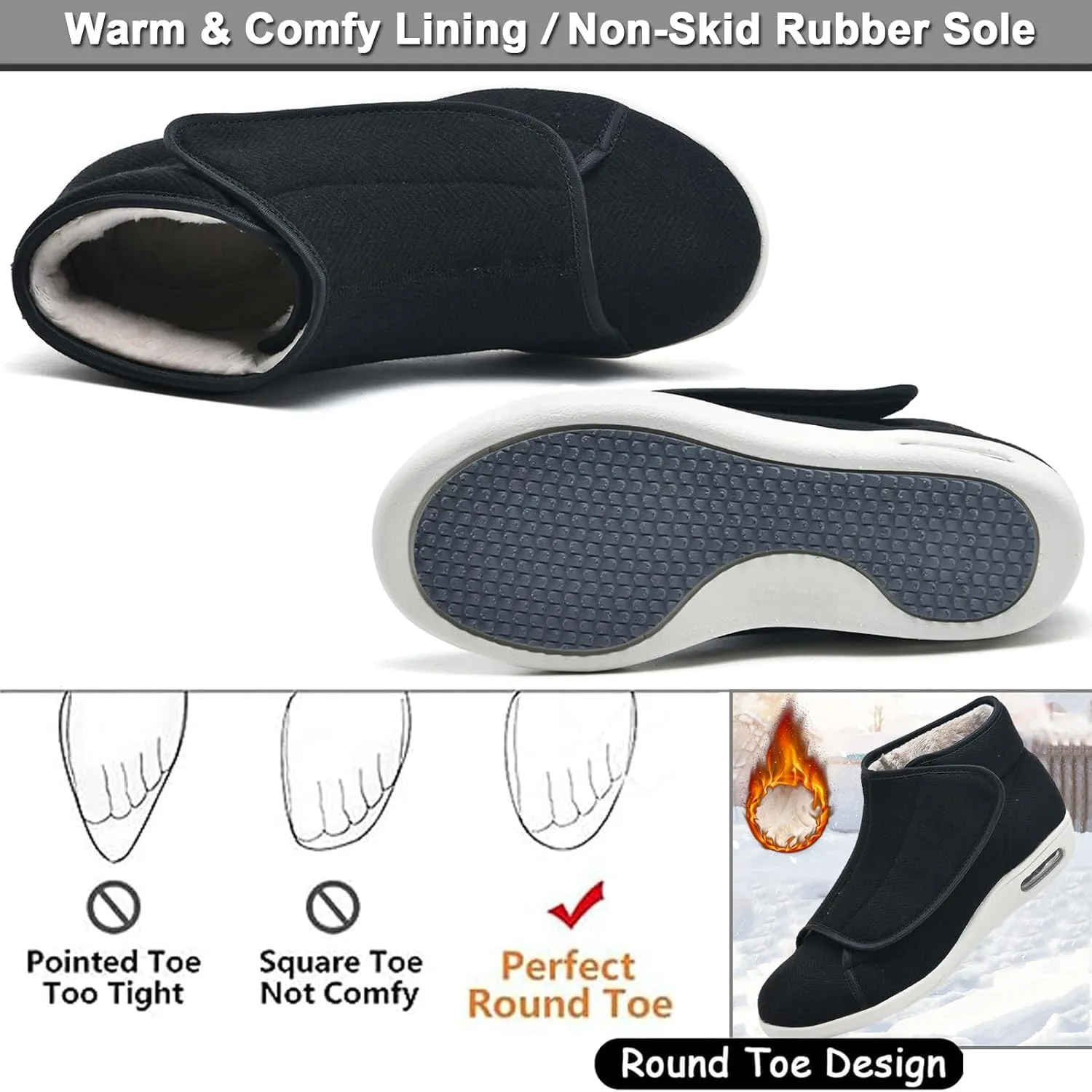 Winter Men Women Diabetic Shoes Wide Width Warm Boots Lightweight Swollen Feet Shoes Adjustable Closure Wool Lining Walking Shoes Slipper for Elderly