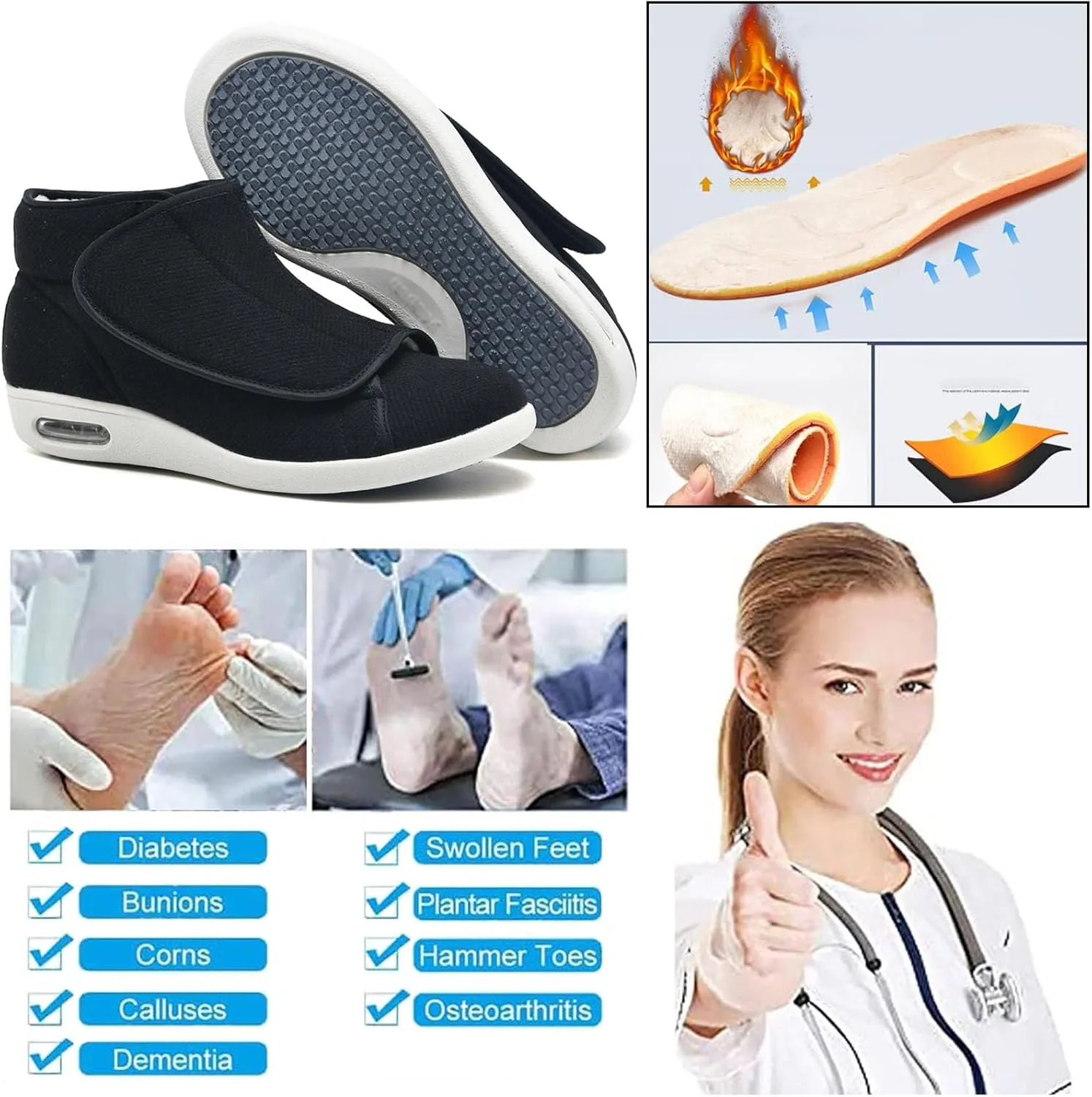 Winter Men Women Diabetic Shoes Wide Width Warm Boots Lightweight Swollen Feet Shoes Adjustable Closure Wool Lining Walking Shoes Slipper for Elderly