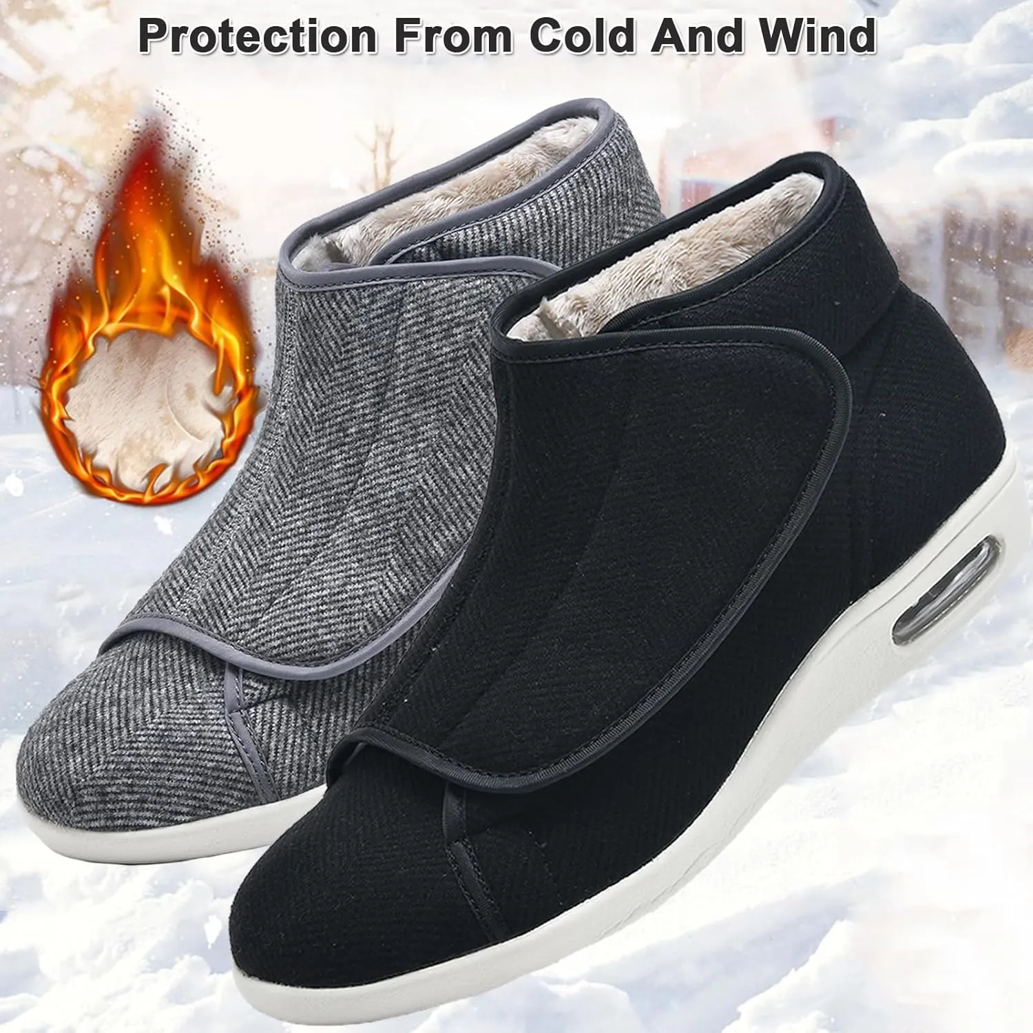 Winter Men Women Diabetic Shoes Wide Width Warm Boots Lightweight Swollen Feet Shoes Adjustable Closure Wool Lining Walking Shoes Slipper for Elderly