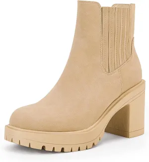 Womems Platform Lug Sole Ankle Boots Chunky Block Heel Seam Booties Combat Cozy Round Toe Chelsea Shoes
