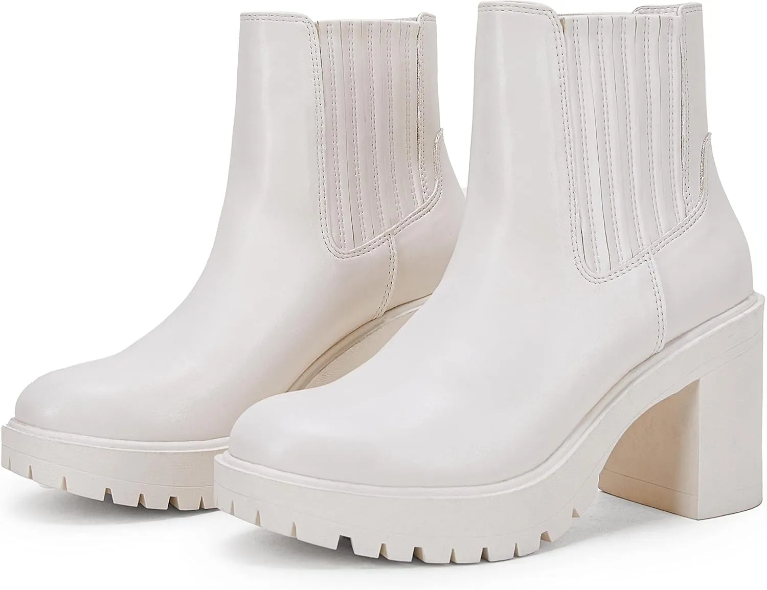 Womems Platform Lug Sole Ankle Boots Chunky Block Heel Seam Booties Combat Cozy Round Toe Chelsea Shoes