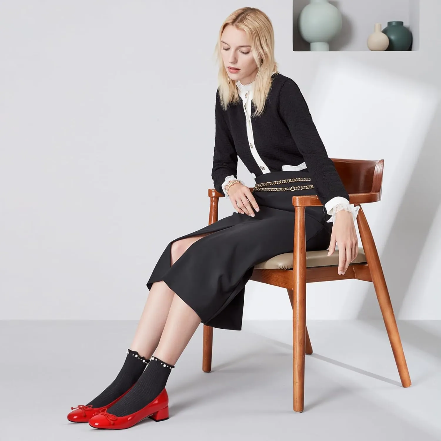 Women Ballet Pumps Round Toe Low Block Heel Slip on Ballerinas Walking Dating Party Daily Dress Shoes with Bow