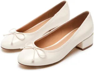 Women Ballet Pumps Round Toe Low Block Heel Slip on Ballerinas Walking Dating Party Daily Dress Shoes with Bow