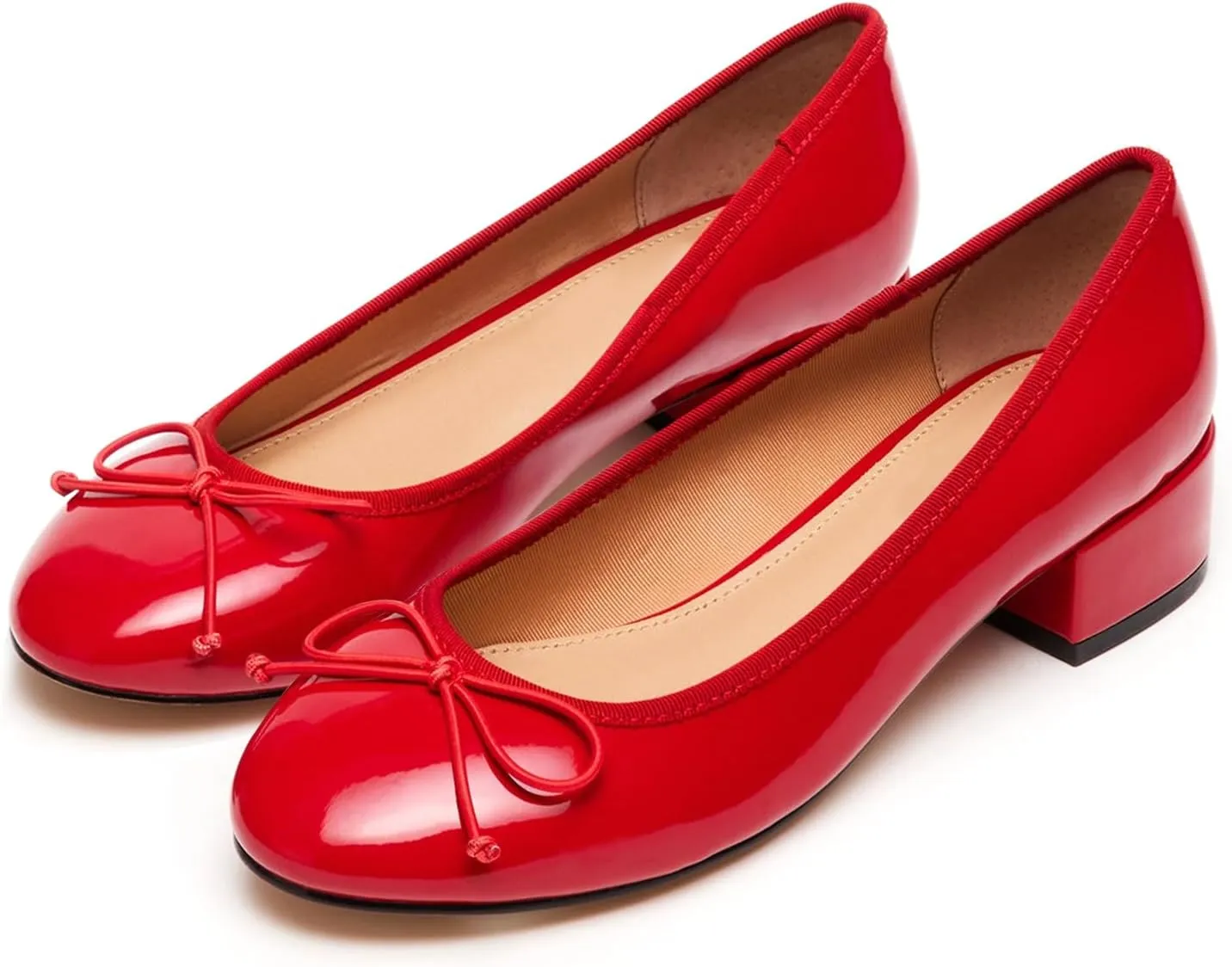 Women Ballet Pumps Round Toe Low Block Heel Slip on Ballerinas Walking Dating Party Daily Dress Shoes with Bow