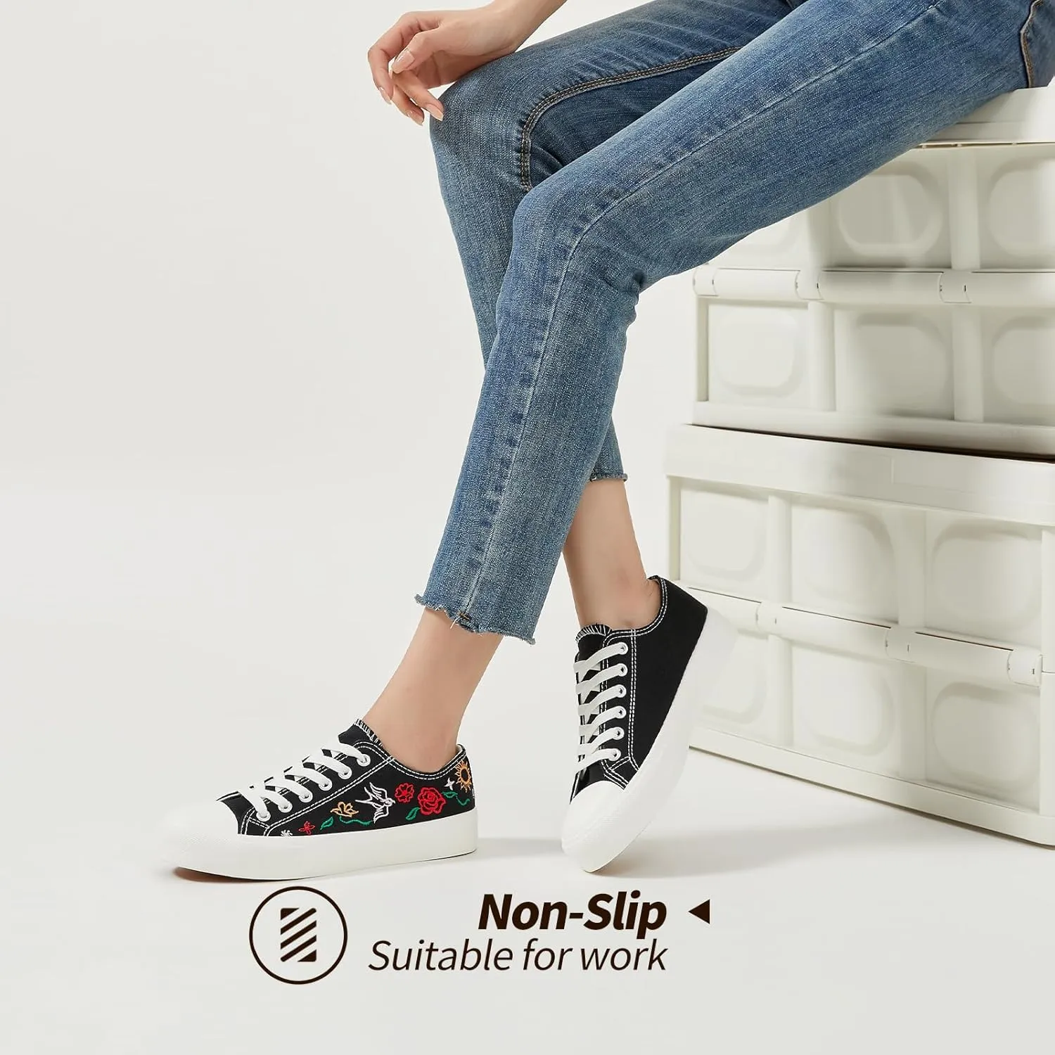 Women Canvas Sneakers with Embroidered Flower,Lace up White Tennis Shoes,Casual Low Top Fashion Sneakers