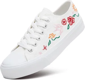 Women Canvas Sneakers with Embroidered Flower,Lace up White Tennis Shoes,Casual Low Top Fashion Sneakers