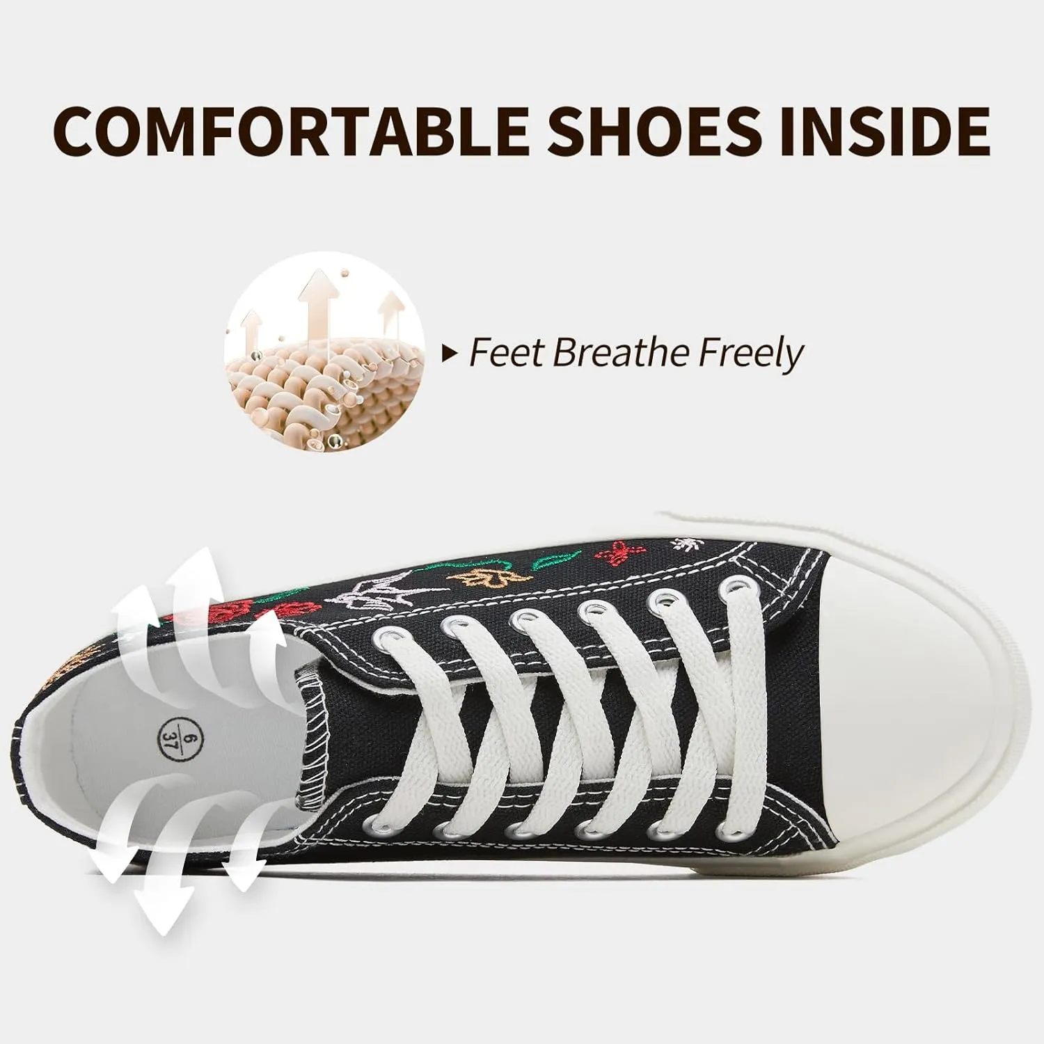 Women Canvas Sneakers with Embroidered Flower,Lace up White Tennis Shoes,Casual Low Top Fashion Sneakers
