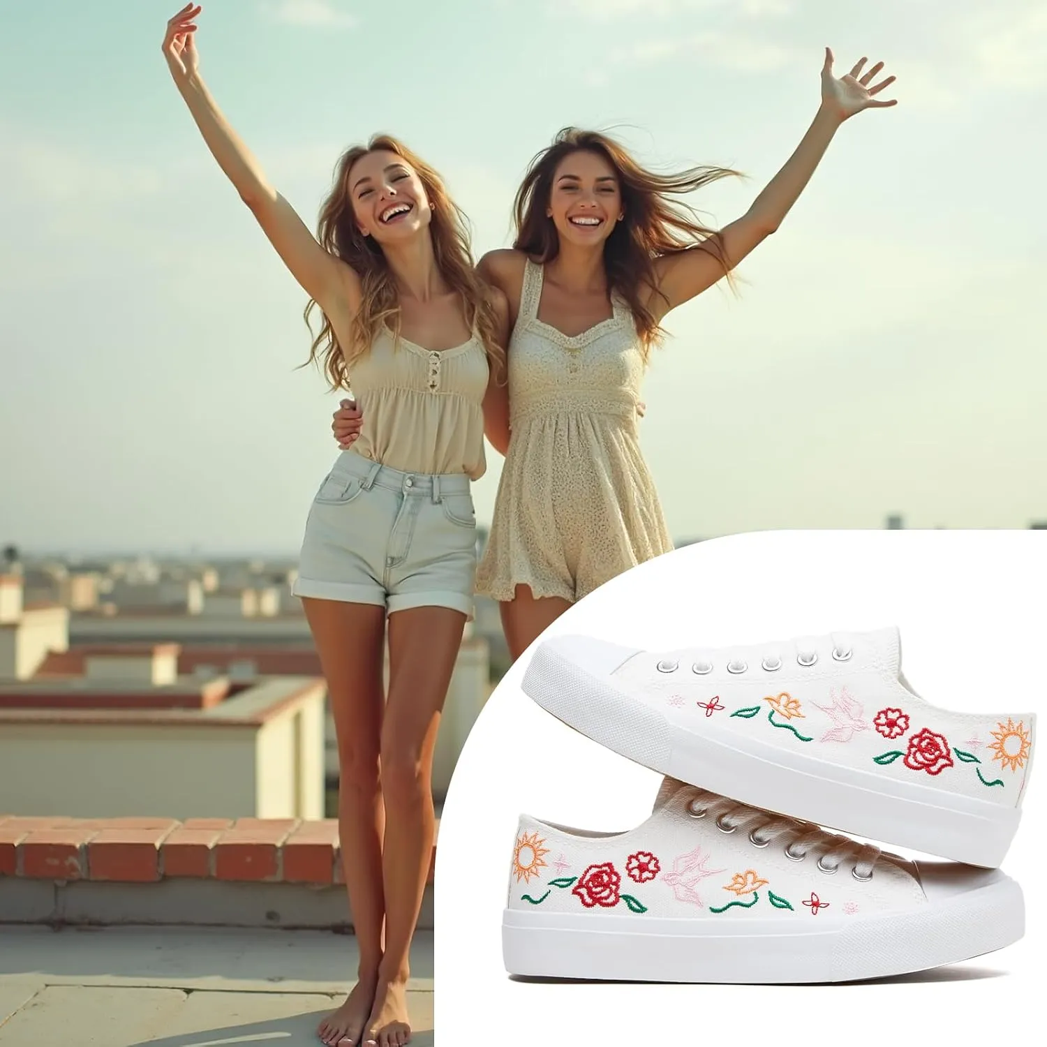 Women Canvas Sneakers with Embroidered Flower,Lace up White Tennis Shoes,Casual Low Top Fashion Sneakers