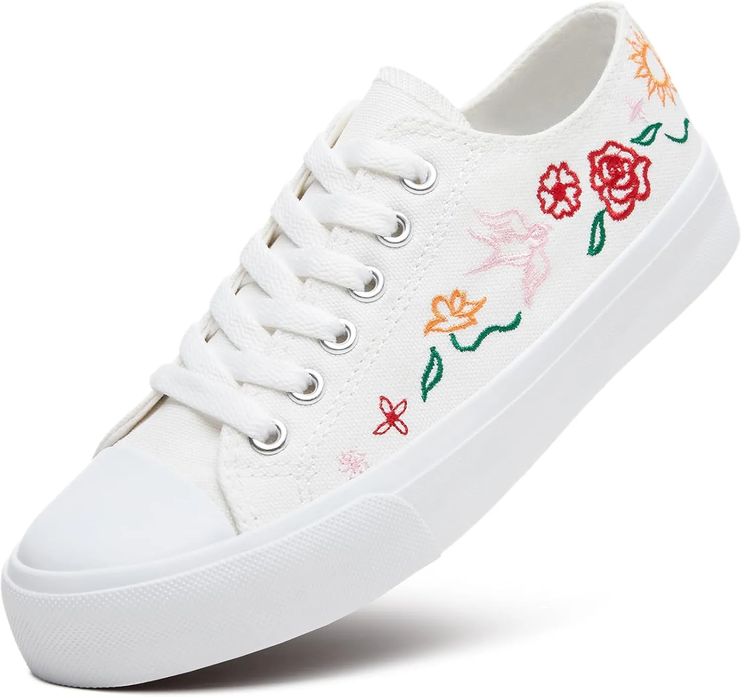 Women Canvas Sneakers with Embroidered Flower,Lace up White Tennis Shoes,Casual Low Top Fashion Sneakers