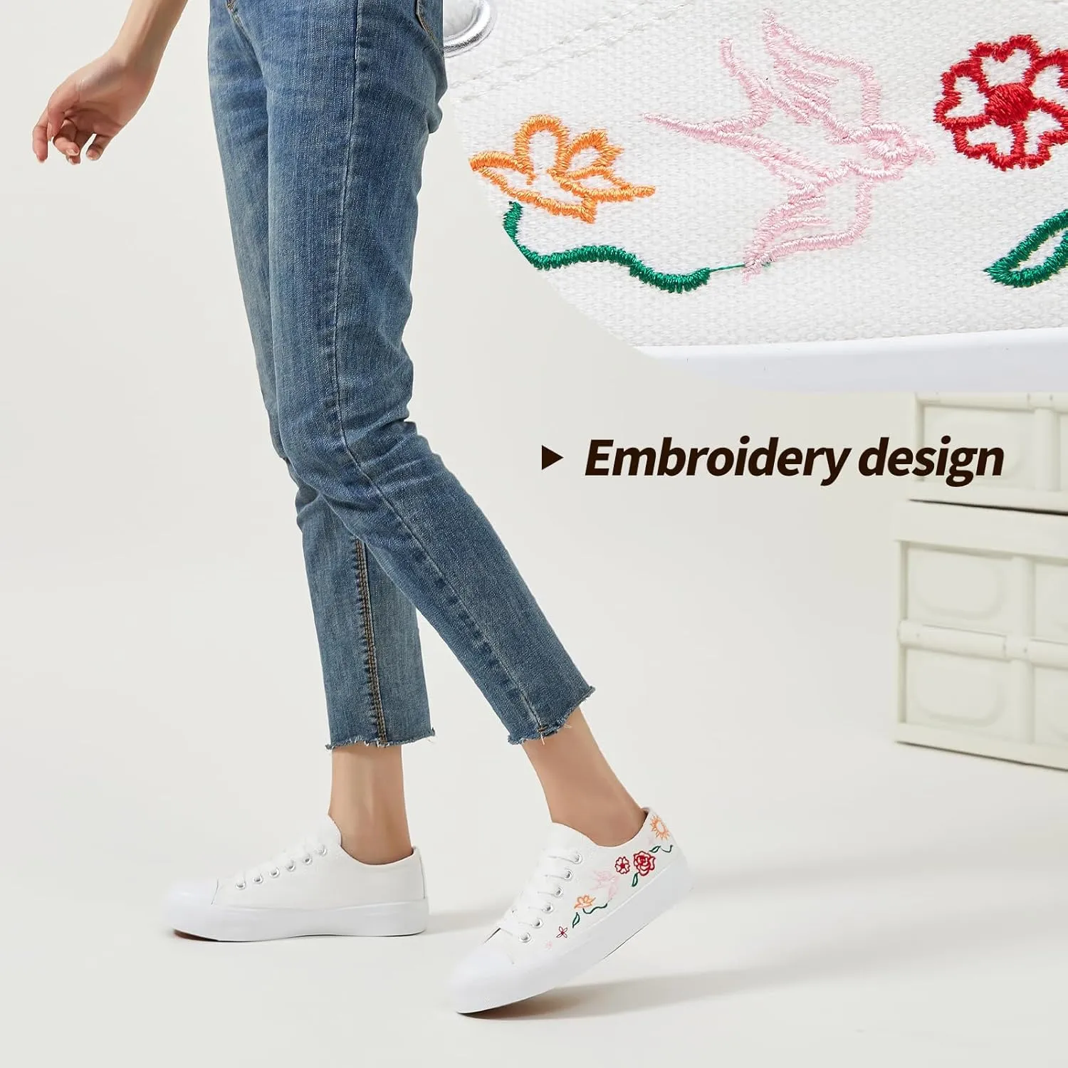 Women Canvas Sneakers with Embroidered Flower,Lace up White Tennis Shoes,Casual Low Top Fashion Sneakers