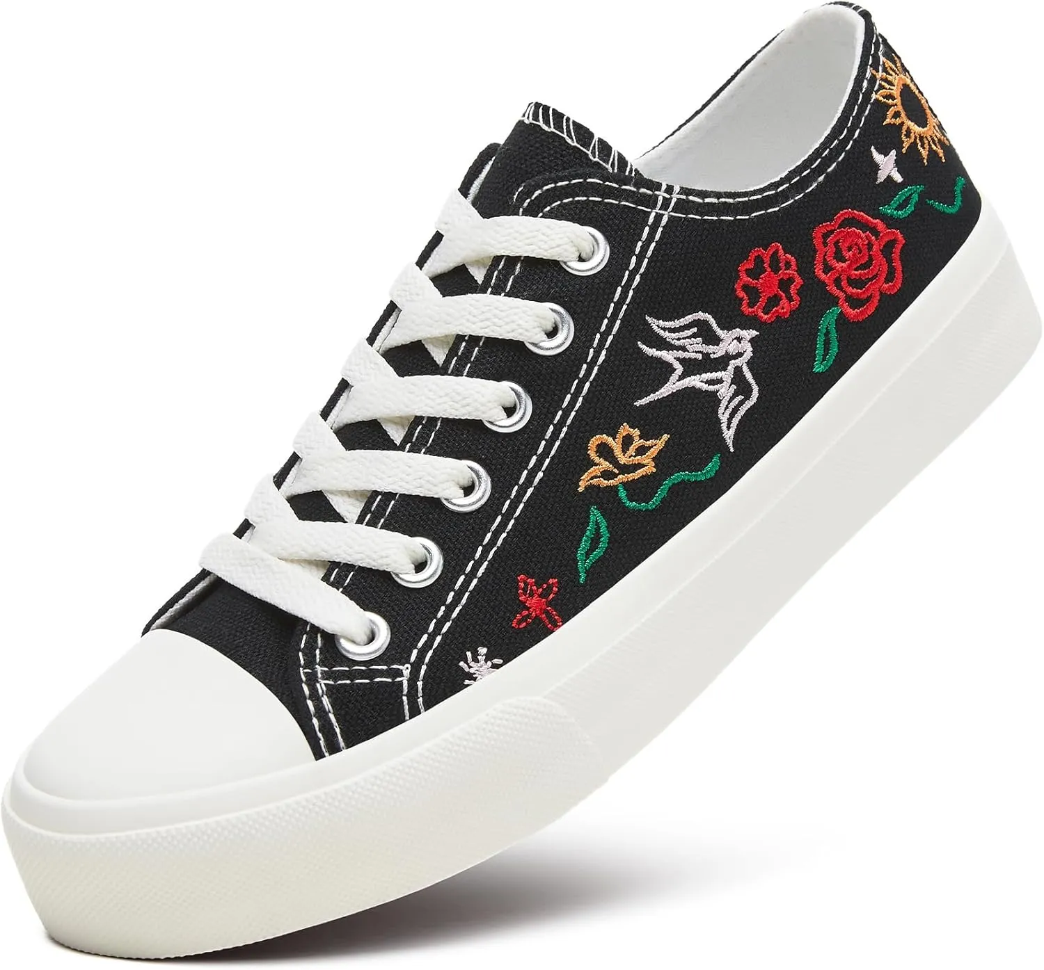 Women Canvas Sneakers with Embroidered Flower,Lace up White Tennis Shoes,Casual Low Top Fashion Sneakers
