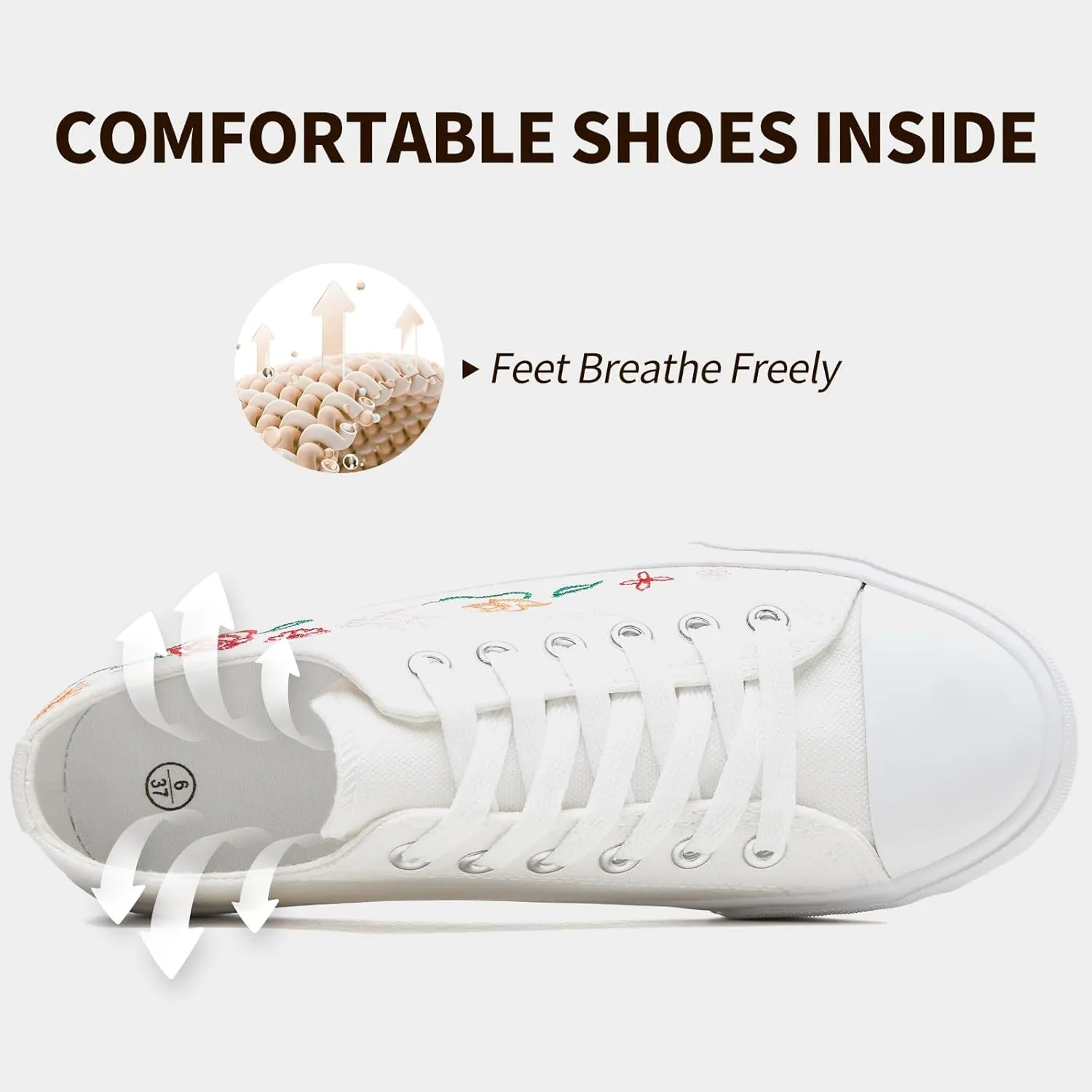 Women Canvas Sneakers with Embroidered Flower,Lace up White Tennis Shoes,Casual Low Top Fashion Sneakers