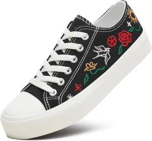 Women Canvas Sneakers with Embroidered Flower,Lace up White Tennis Shoes,Casual Low Top Fashion Sneakers