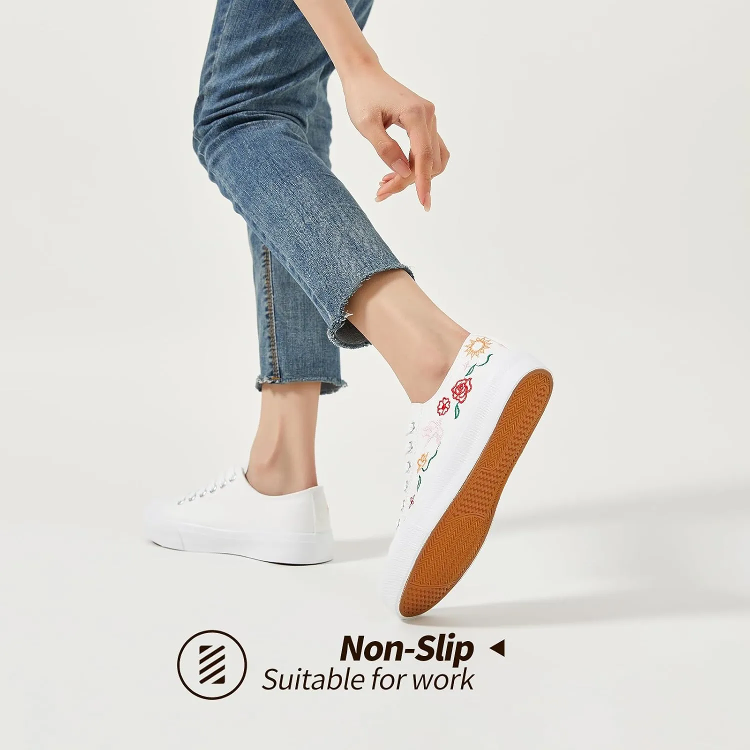 Women Canvas Sneakers with Embroidered Flower,Lace up White Tennis Shoes,Casual Low Top Fashion Sneakers