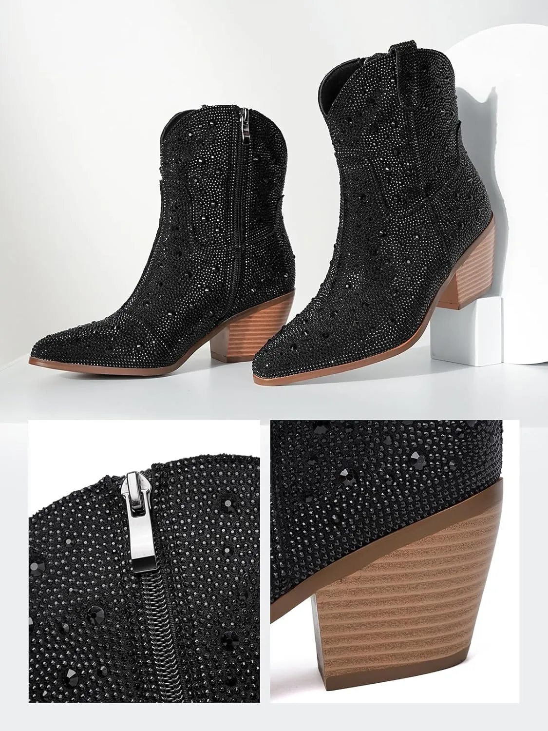 Women Cowboy Boots Cowgirl Rhinestone Mid Calf Western Boots Sparkly Glitter Boots Bling Pointed Toe Chunky Heel Pull On