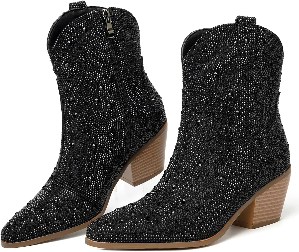 Women Cowboy Boots Cowgirl Rhinestone Mid Calf Western Boots Sparkly Glitter Boots Bling Pointed Toe Chunky Heel Pull On