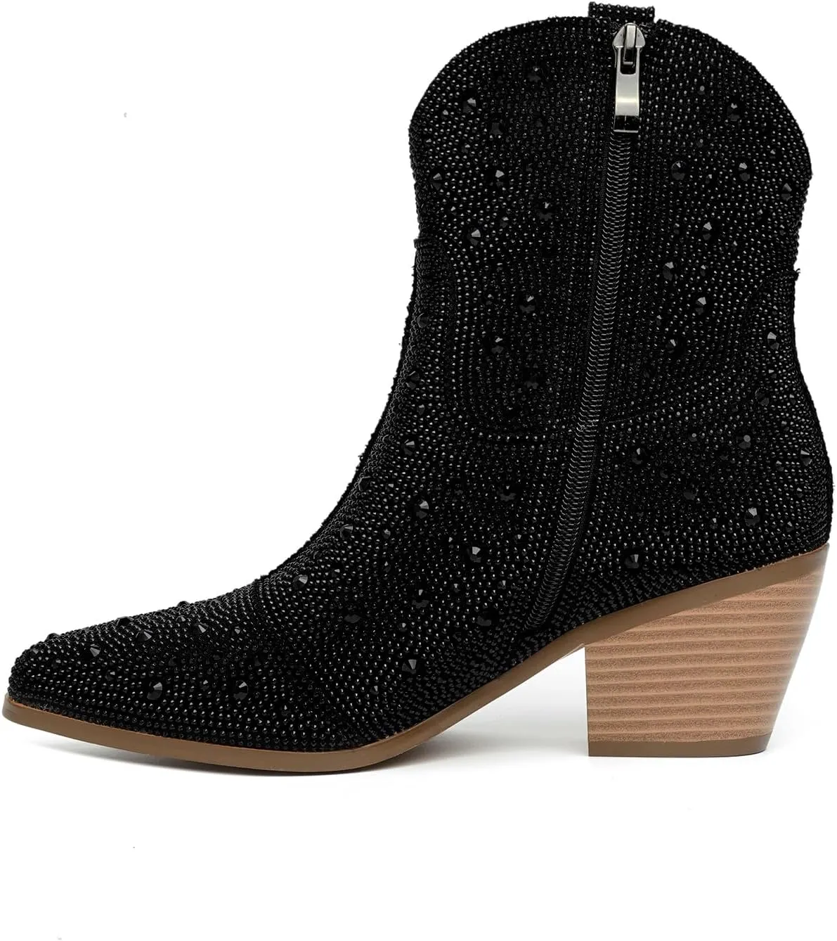 Women Cowboy Boots Cowgirl Rhinestone Mid Calf Western Boots Sparkly Glitter Boots Bling Pointed Toe Chunky Heel Pull On