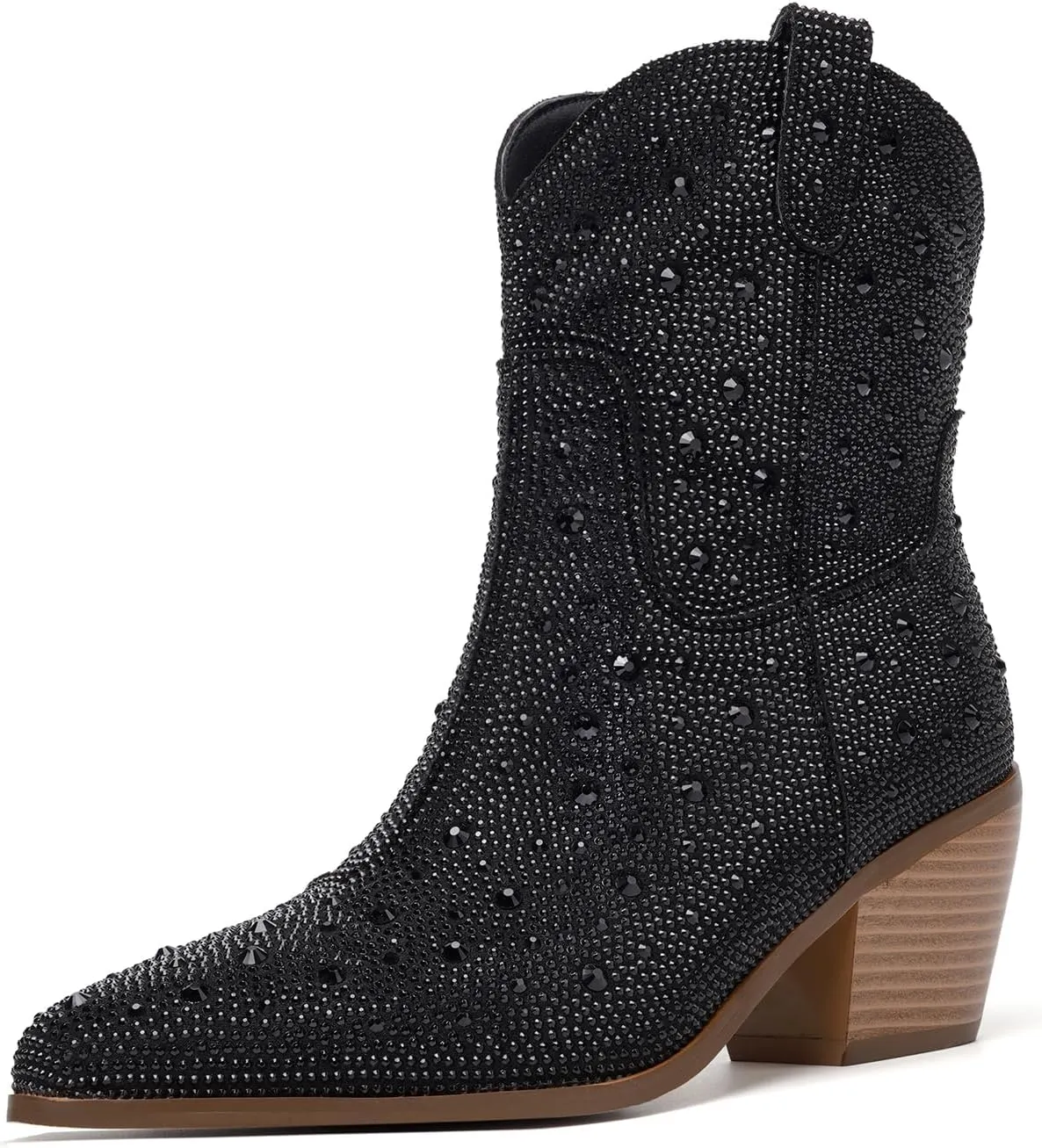 Women Cowboy Boots Cowgirl Rhinestone Mid Calf Western Boots Sparkly Glitter Boots Bling Pointed Toe Chunky Heel Pull On
