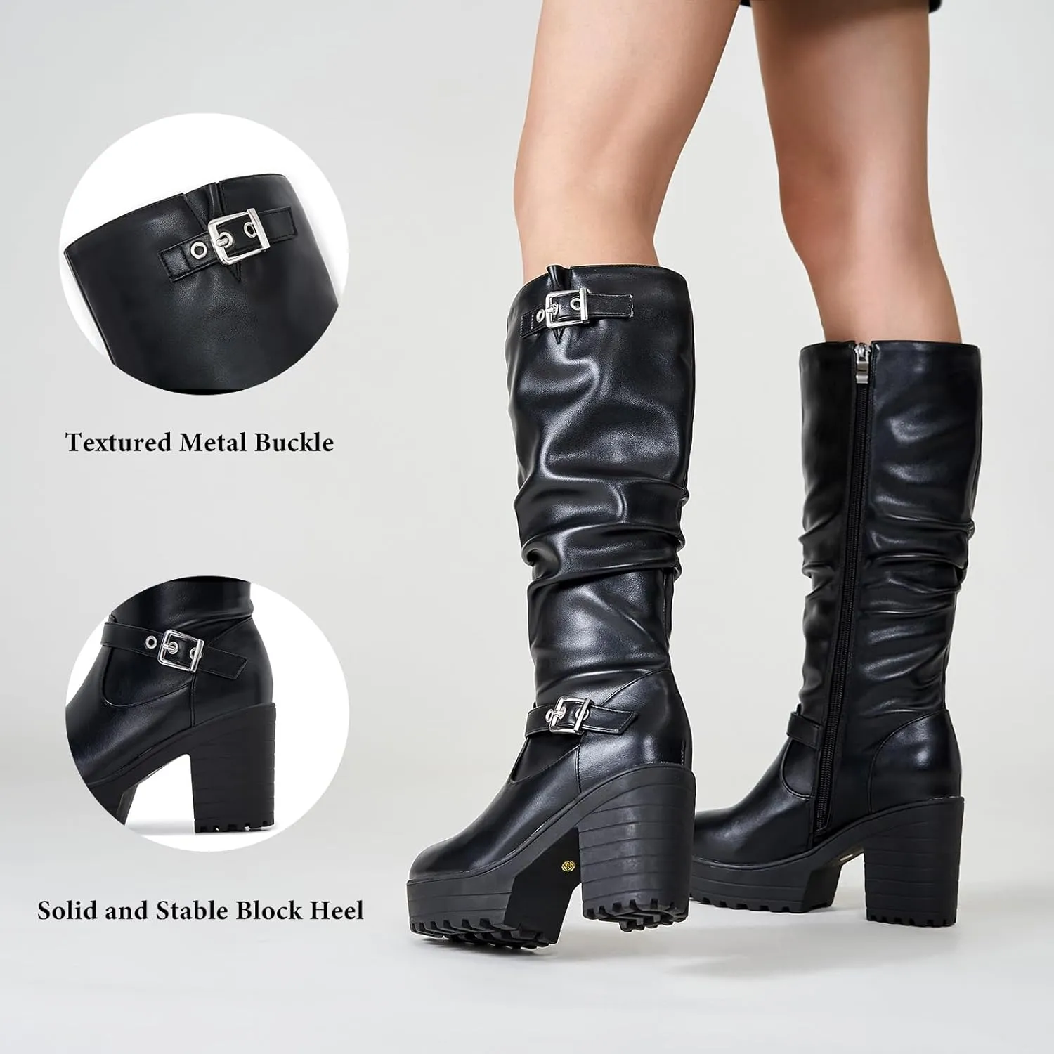 Women Fashion Platform Block Heels Knee High Boots Lace up