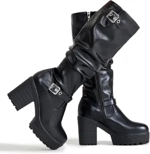 Women Fashion Platform Block Heels Knee High Boots Lace up