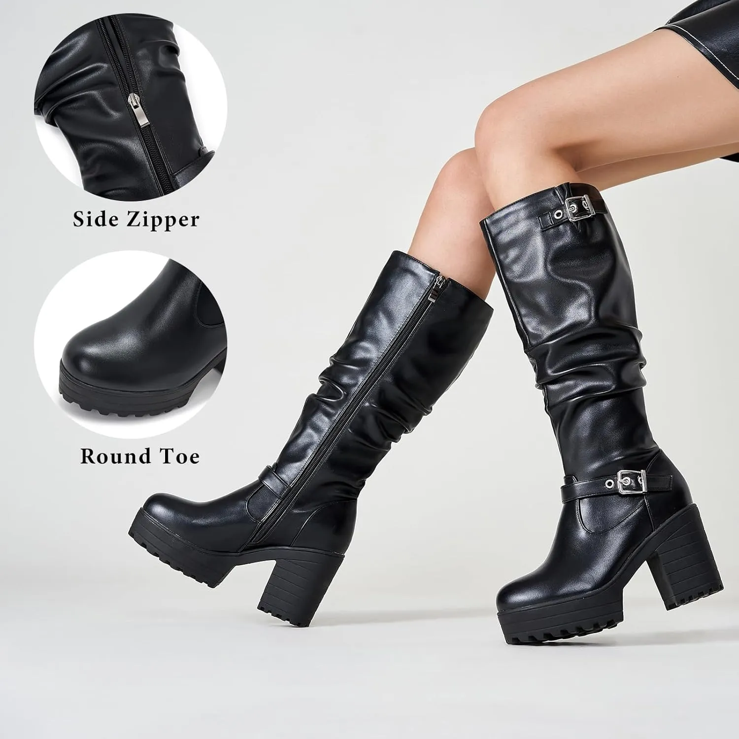 Women Fashion Platform Block Heels Knee High Boots Lace up