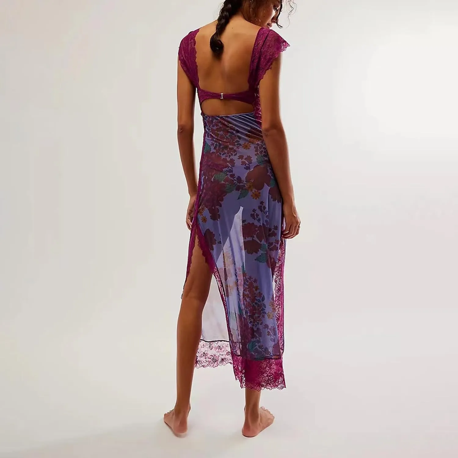 Women Floral Lace Patchwork Maxi Dress Sexy Backless Spaghetti Strap Cutout Long Dress High Split Wrap Sling Dress