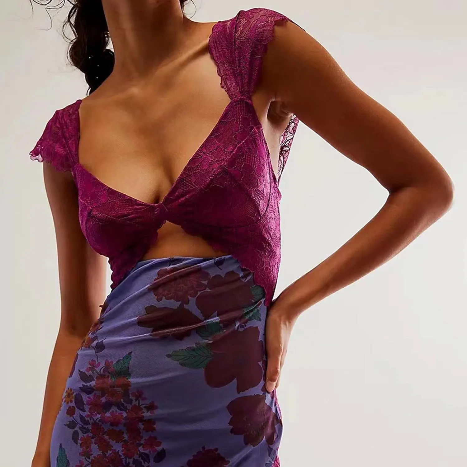 Women Floral Lace Patchwork Maxi Dress Sexy Backless Spaghetti Strap Cutout Long Dress High Split Wrap Sling Dress
