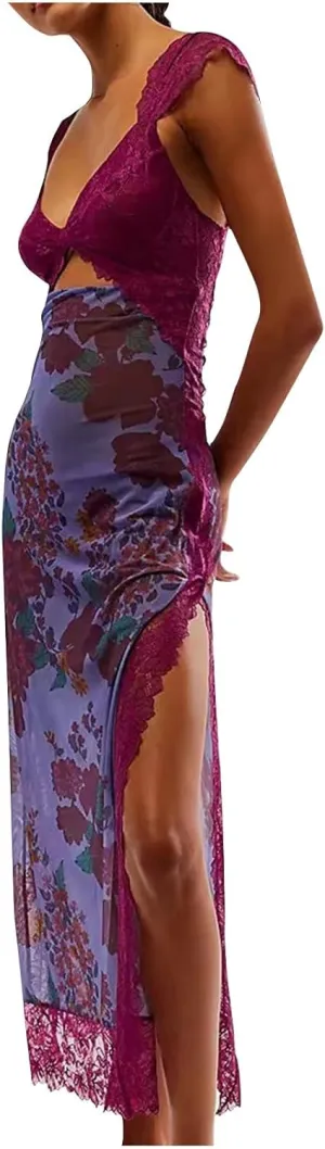 Women Floral Lace Patchwork Maxi Dress Sexy Backless Spaghetti Strap Cutout Long Dress High Split Wrap Sling Dress