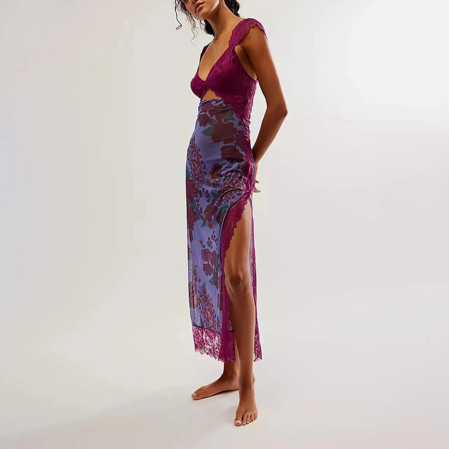Women Floral Lace Patchwork Maxi Dress Sexy Backless Spaghetti Strap Cutout Long Dress High Split Wrap Sling Dress